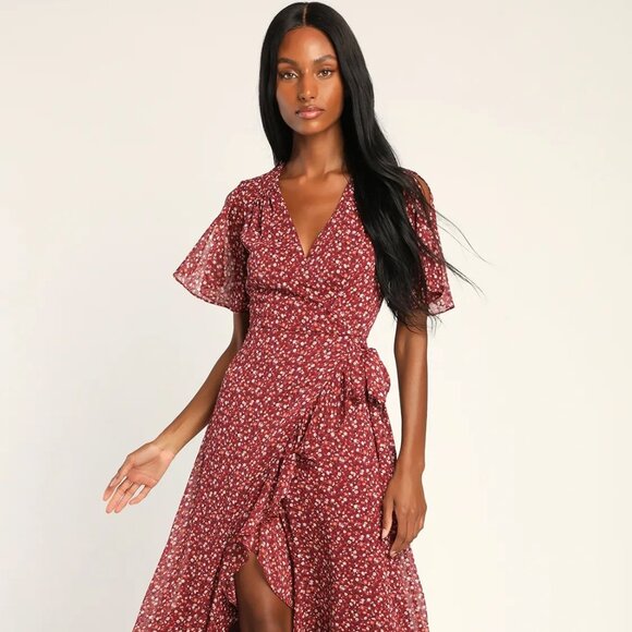 $78 Lulu's Burgundy Floral Print Split Sleeve Faux-Wrap Dress - Picture 1 of 5